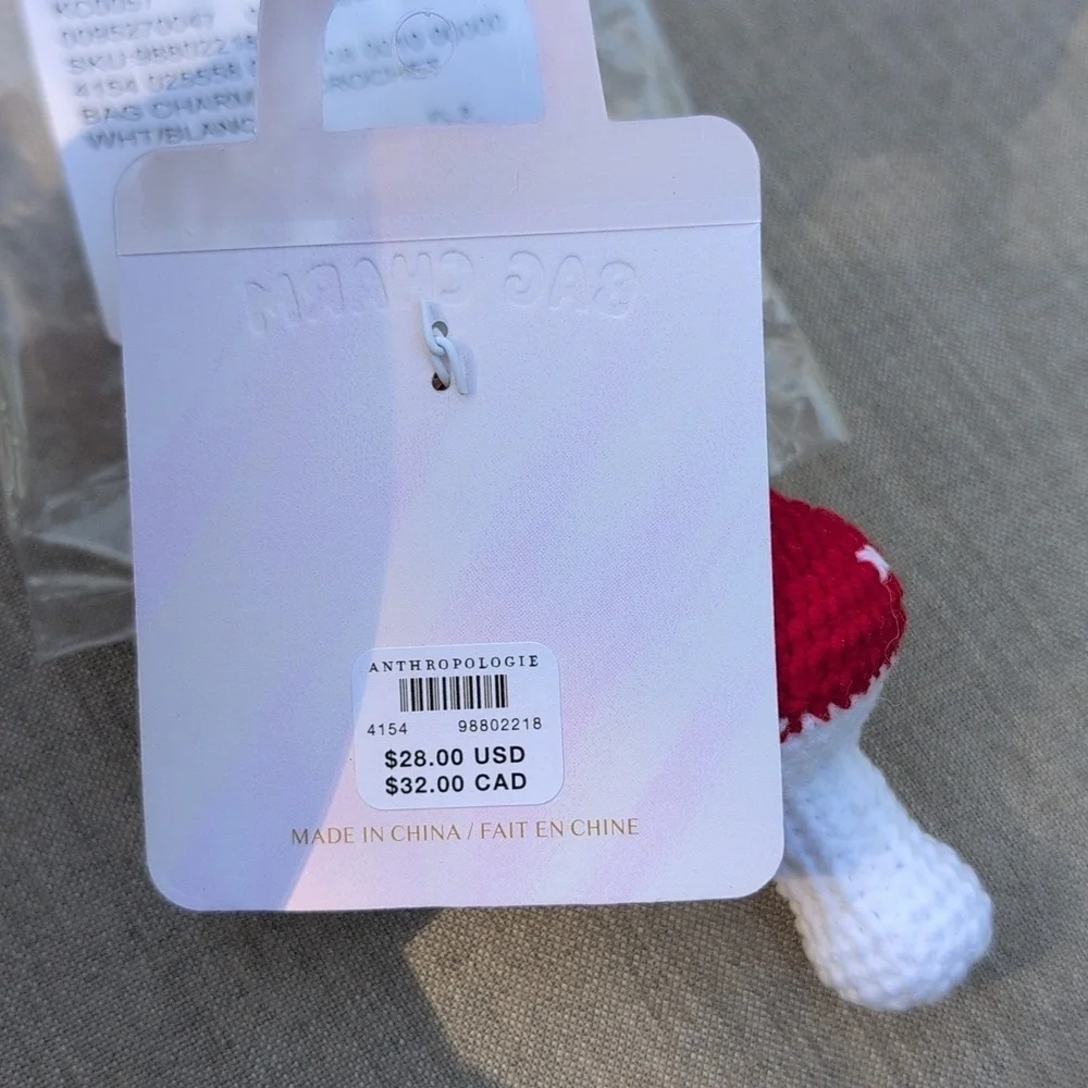 Anthropologie Red and White Crochet Mushroom Bag Charm NWT